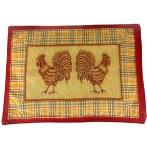 VTG Set of FOUR Red Yellow Plaid Rooster Tapestry Placemats 19" X 13.5"